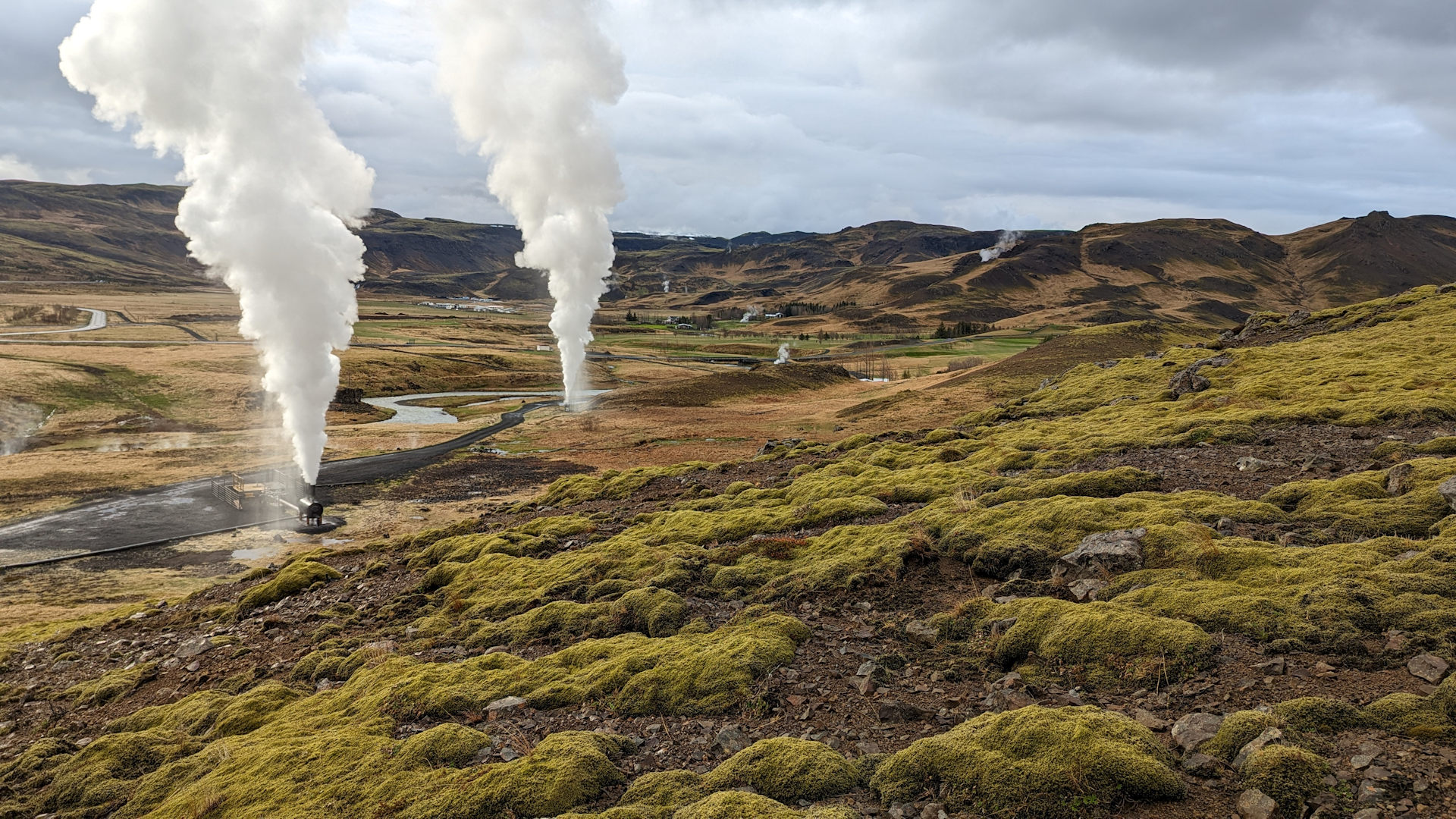 Weisse Dampfwolken steigen in grüner Landschaft um Hveragerdi herum auf