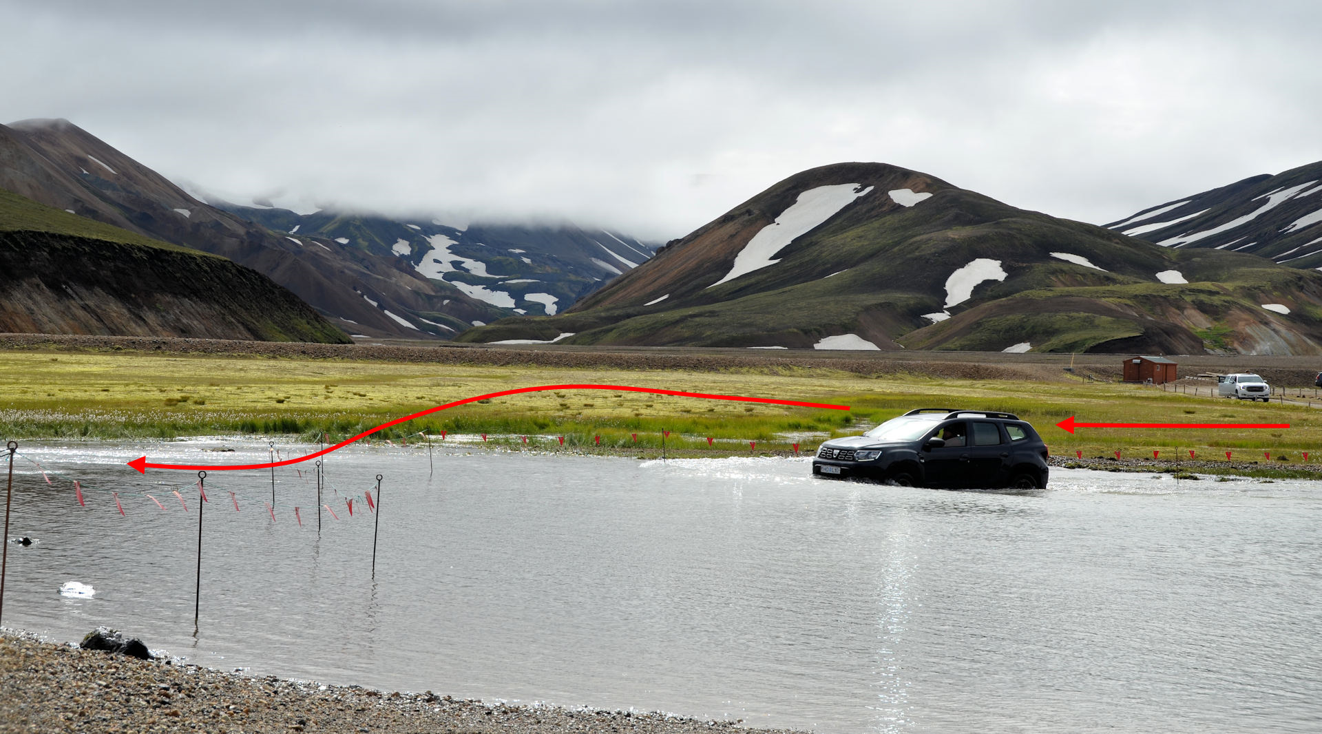 Ein dunkelblauer Dacia 4x4 PKW fährt an einer mit roten Wimpeln markierten Schnur in einem Bogen durch eine Furt. Die rotem Wimpel wurden mit roten Pfeilen markiert. Das Wasser der Furt bedeckt die Röder und reicht knapp bis zum Unterboden von dem Fahrzeug. Im Hintergrund sind Berge mit vereinzelten, weissen Schneefeldern. 