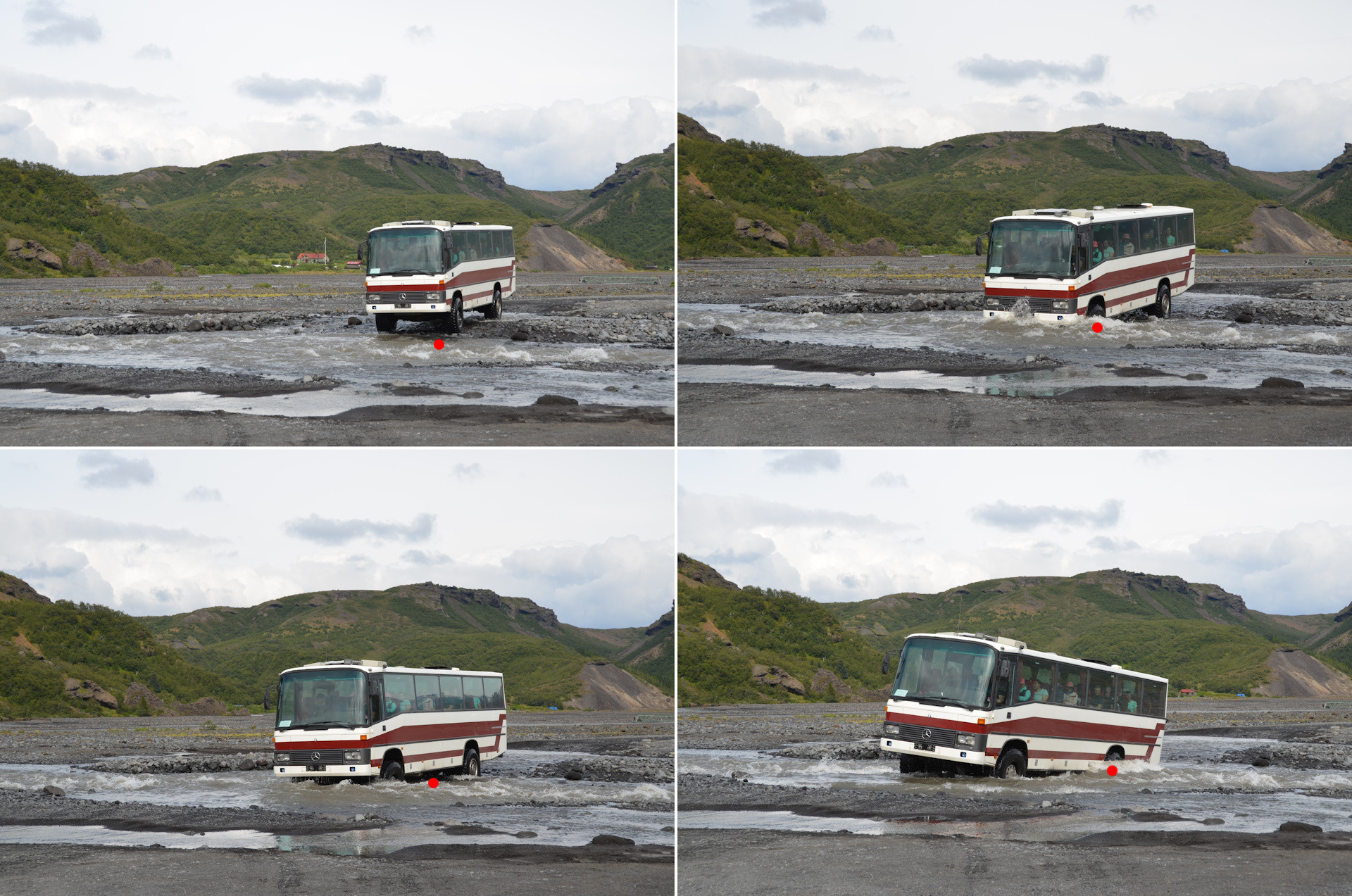 Ein Mercedes 4x4 Bus fährt auf einer Bilderfolge durch eine Furt in Island 