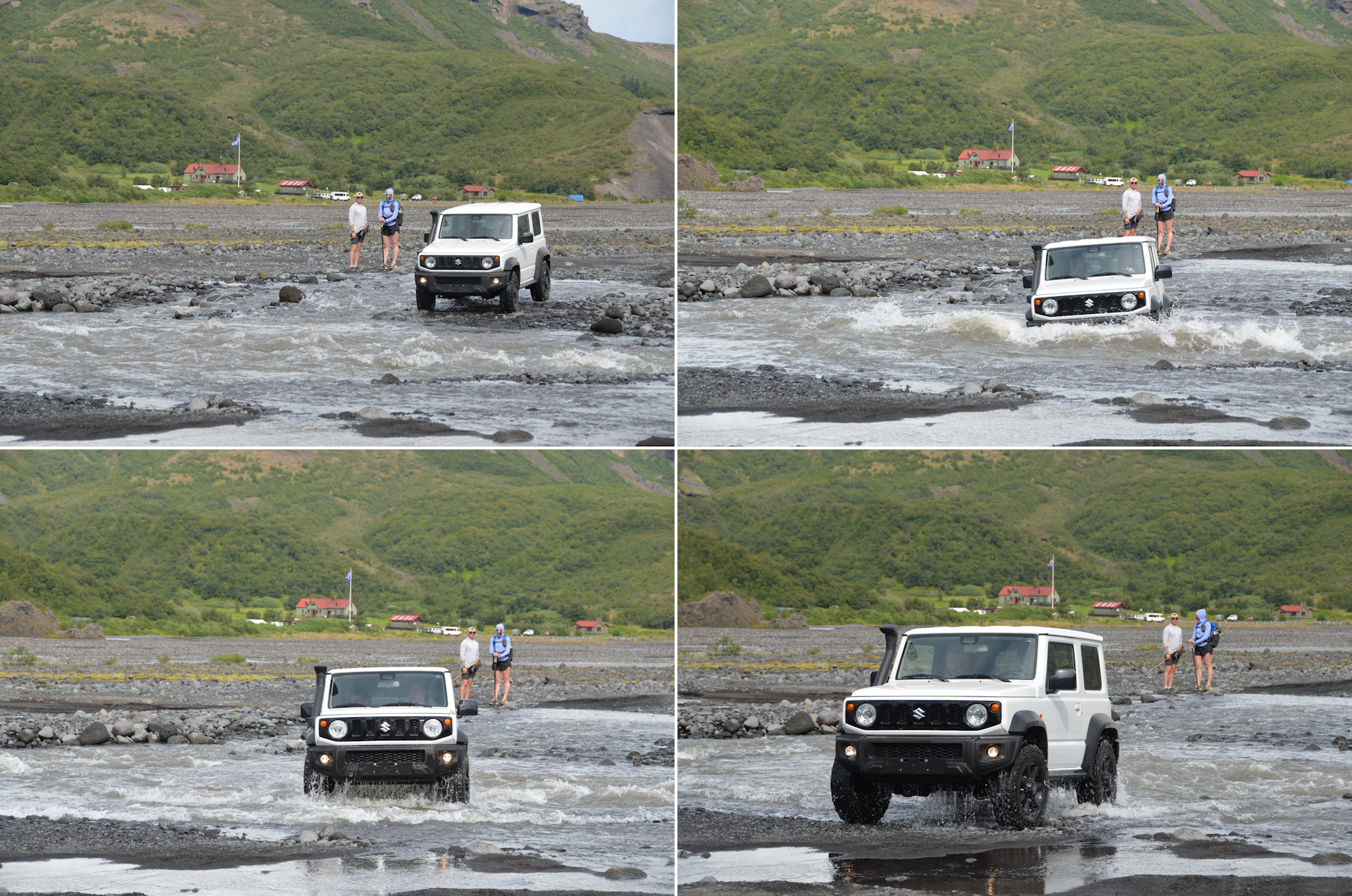 Bilderfolge von einem Suziki Jimny der in einer Furt kurz die Traktion verliert. 