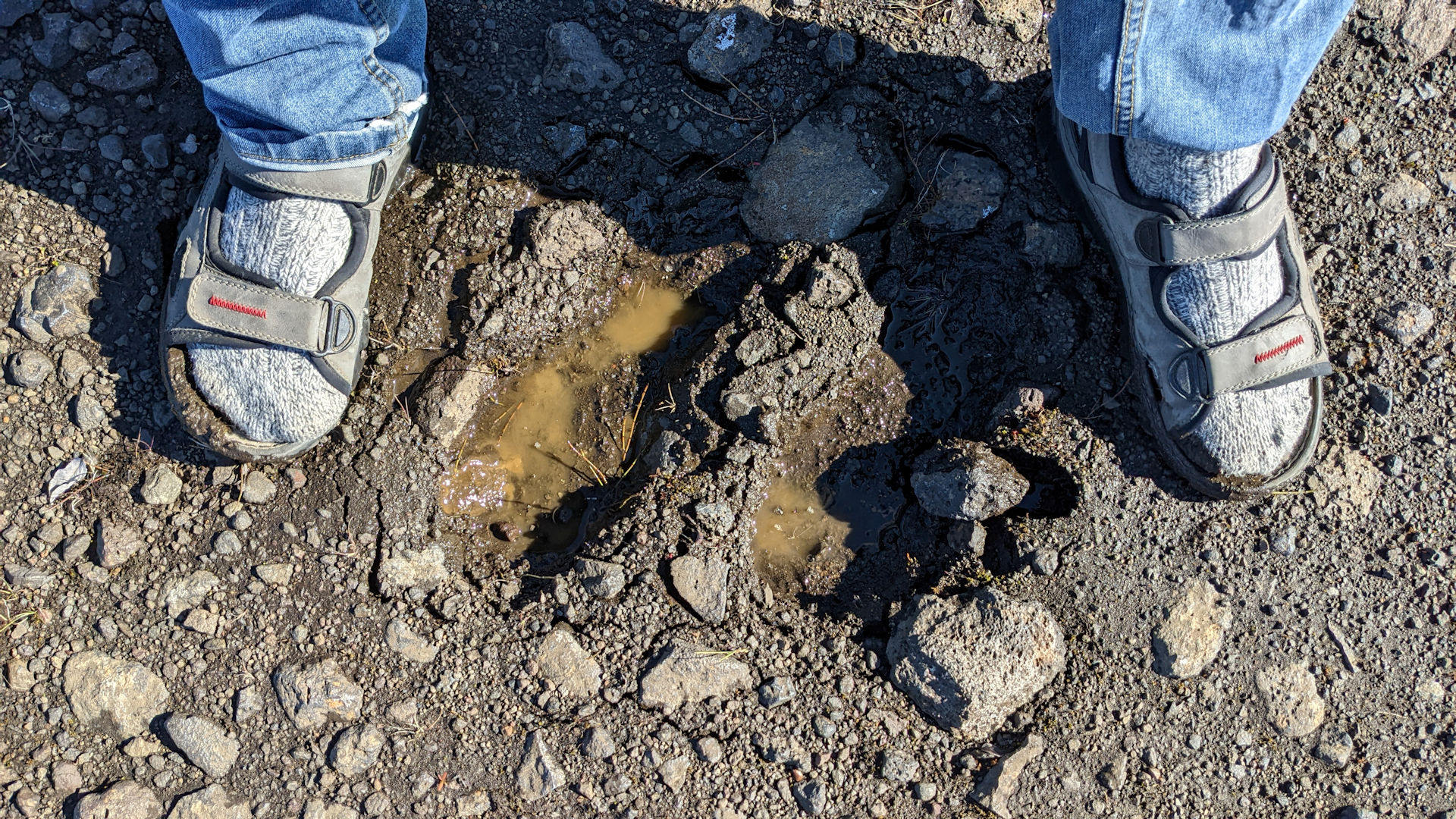 Zwei Füsse mit blauer Jeans Hose, Sandalen und grauen Stricksocken. In der Mitte vom Bild sind zwei Schuh Abdrücke im Matsch, die sich sofort mit schmutzigem Wasser gefüllt haben. 