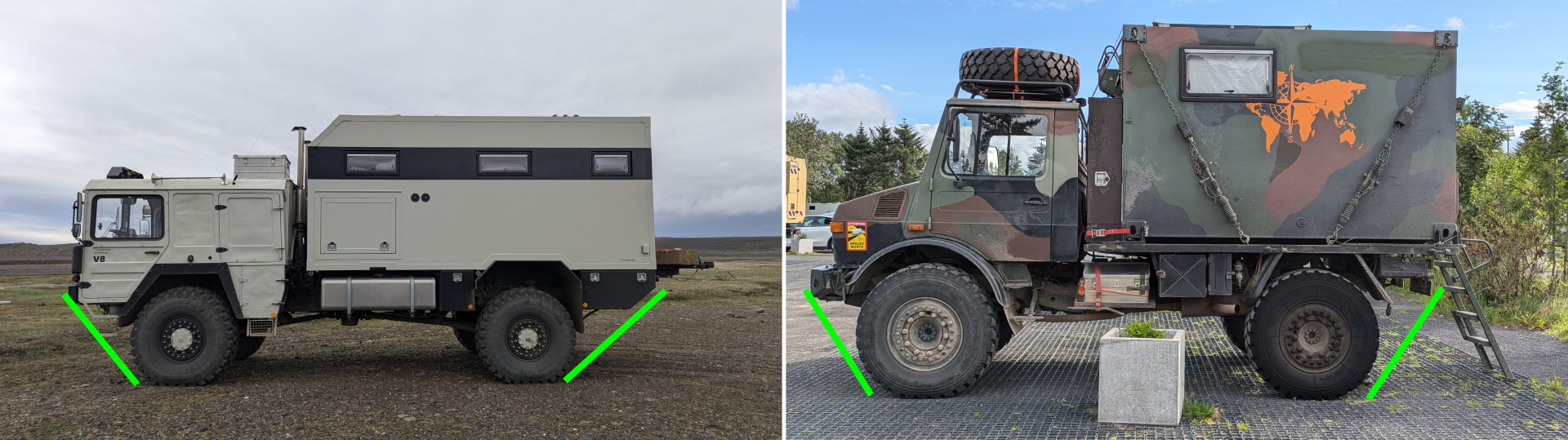 MAN Kat und Mercedes Unimog, bei dem der Böschungswinkel eingezeichnet wurde. 