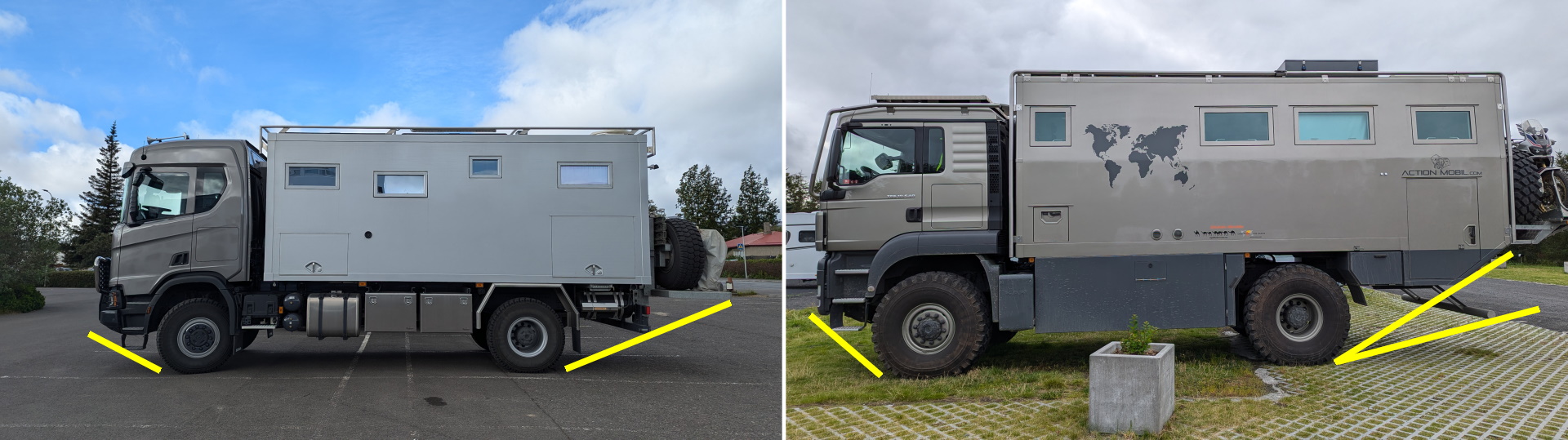 Zwei Reise LKW mit flachem Böschungswinkel und daher eher eingeschränkter Geländegängigkeit. 