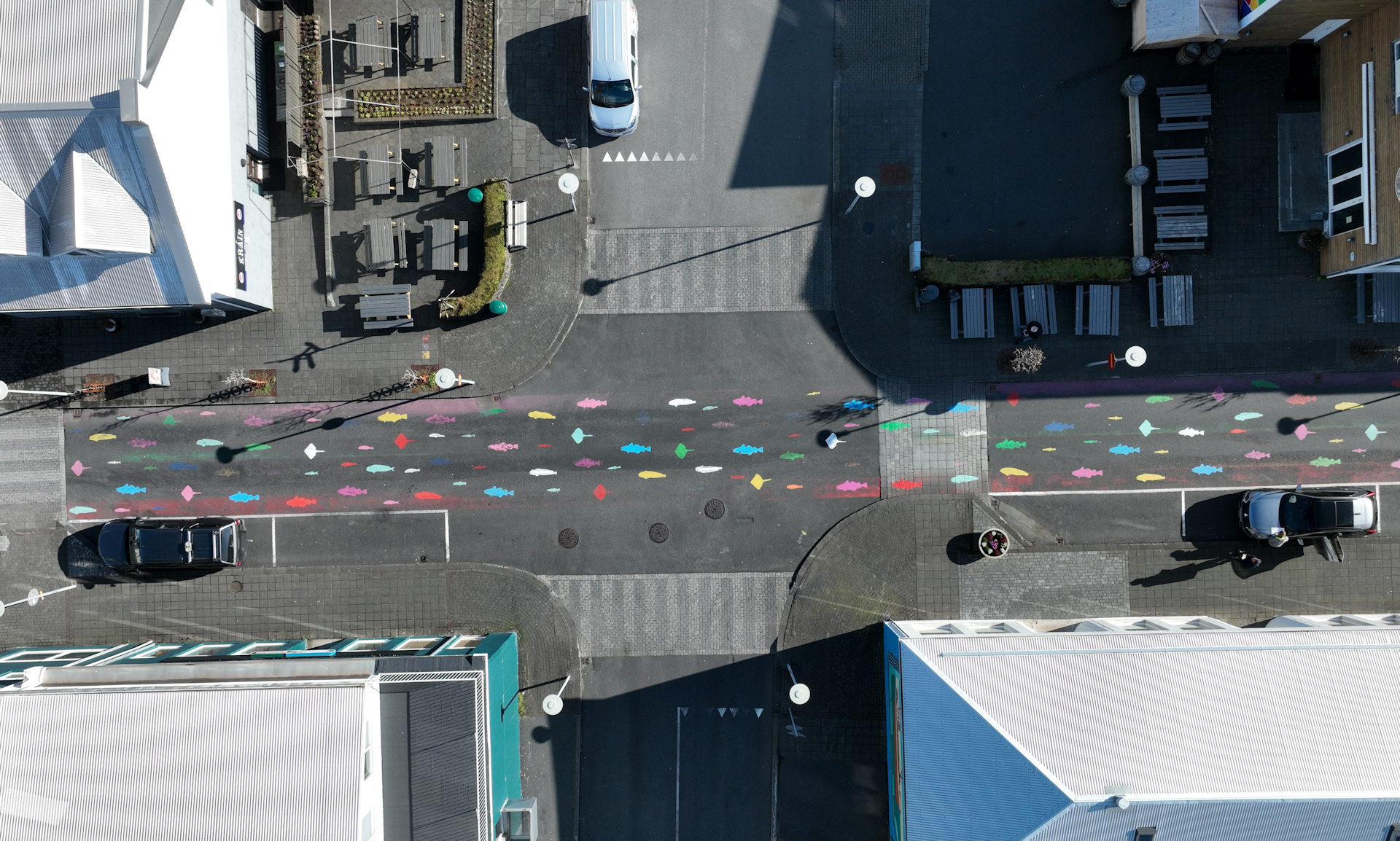 Bunte Fische, die auf einer Strasse aufgemalt wurden 