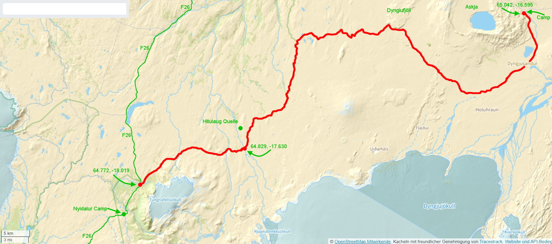 Karte der F910 mit ergänzten GPS Wegpunkten in der Askja Region