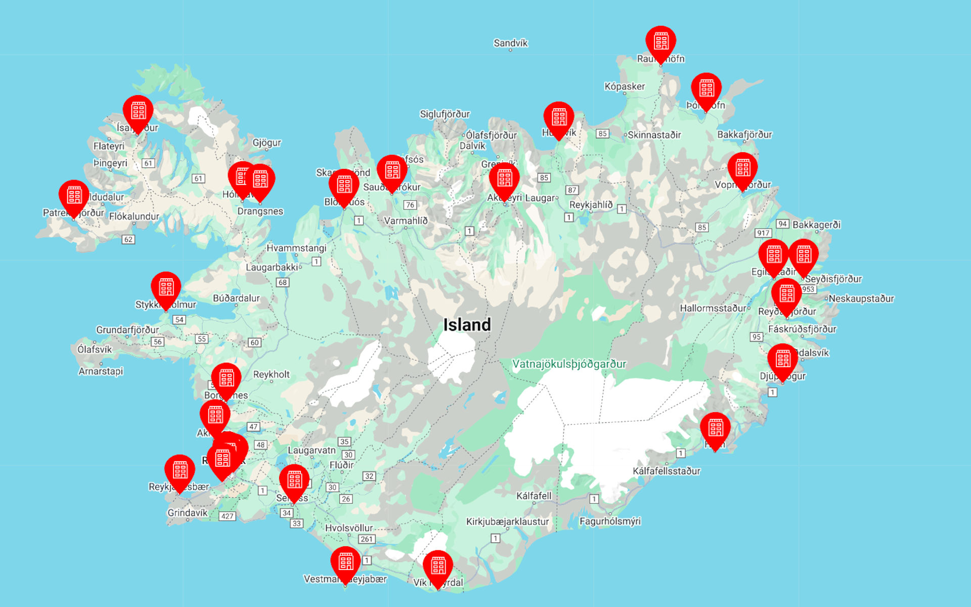 Karte Island mit eingetragenen Filialen von Posturinn