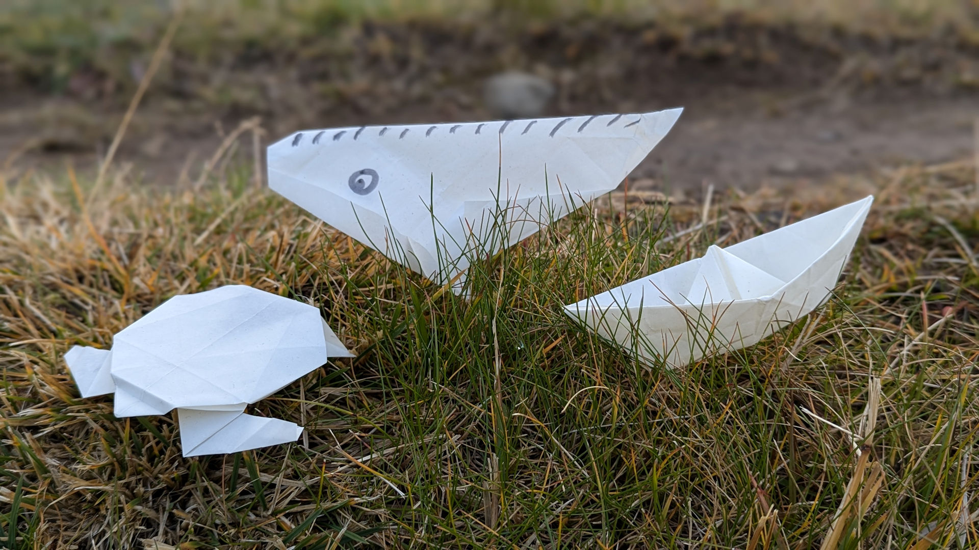 Drei Origami im Gras 