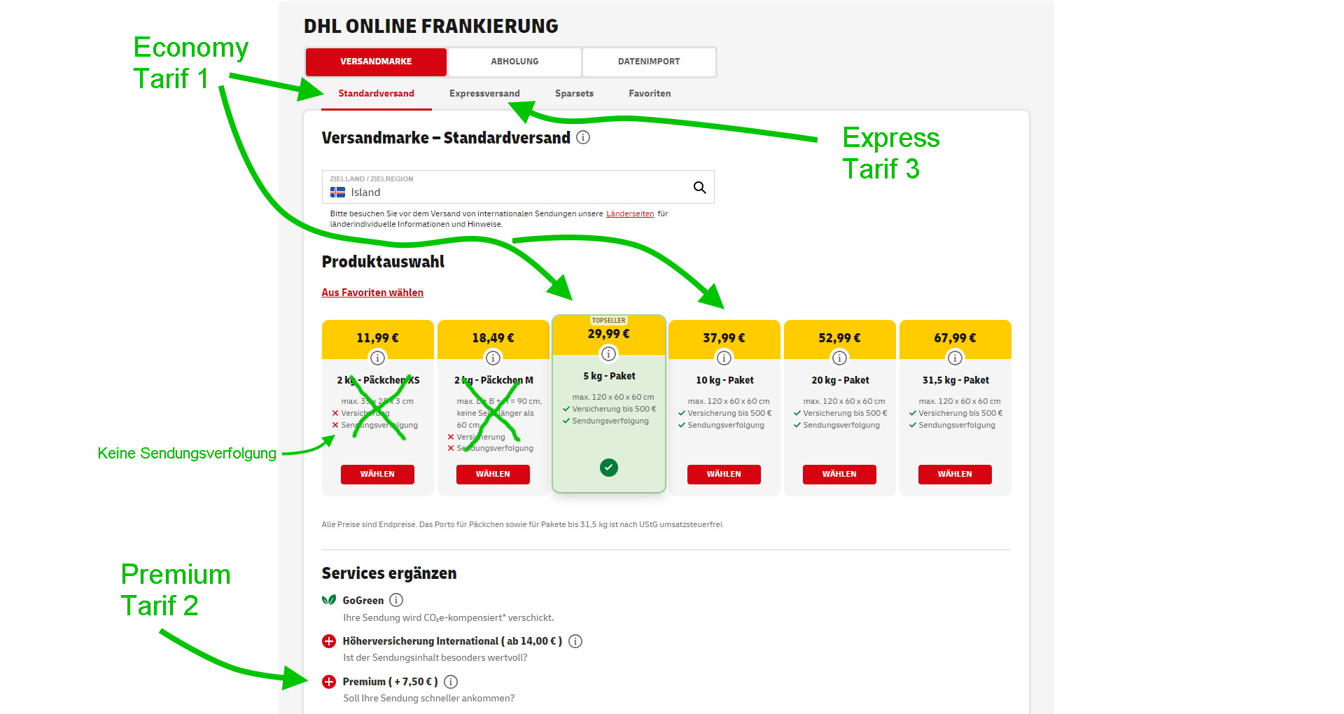 DHL Webseite mit Paket Preisen für Island Pakete und eingefügte Erklärungen grüner Schrift